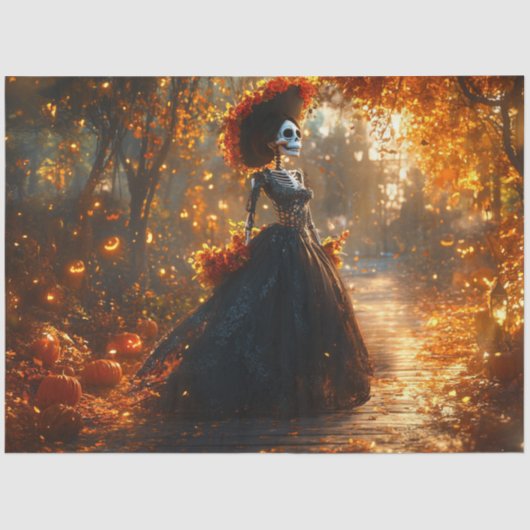 Decoupage Gothic Skeleton Uitgebreide Zwarte Jurk Tissuepapier (Voorkant)