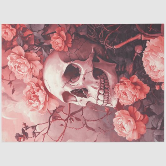 Decoupage Gotische Schedel Omgeven & Perzik Bloeme Tissuepapier (Voorkant)