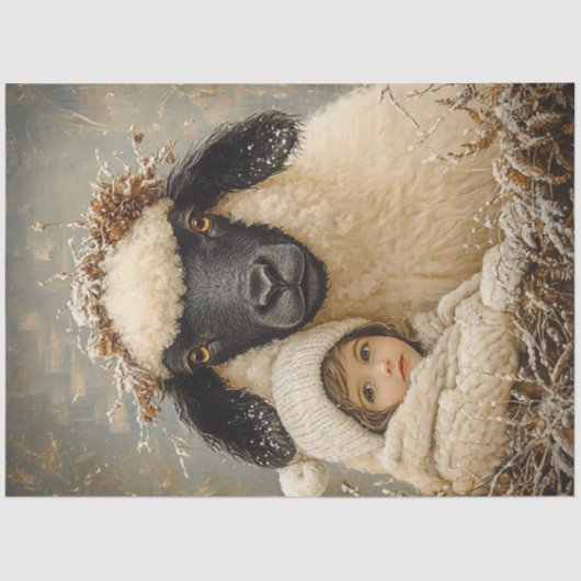 Decoupage grillig kind zitten met schapen tissuepapier (Voorkant)