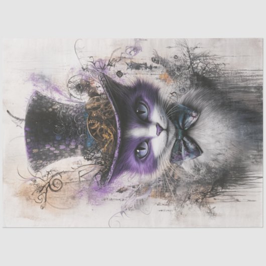 Decoupage grillige Paarse zwarte Cat Top Hat Tissuepapier (Voorkant)