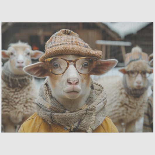 Decoupage grillige schapen winterkleding & bril tissuepapier (Voorkant)