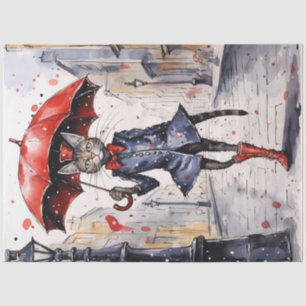 Decoupage Kat met rode paraplu waling in de regen Tissuepapier