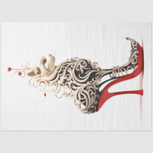 Decoupage kat verweven in rode hoge hak tissuepapier