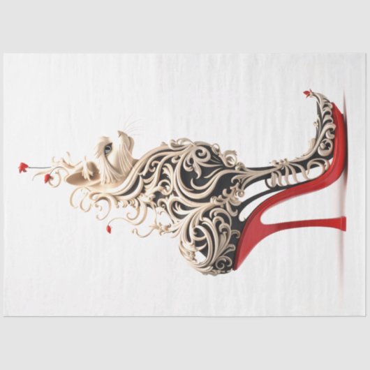 Decoupage kat verweven in rode hoge hak tissuepapier (Voorkant)