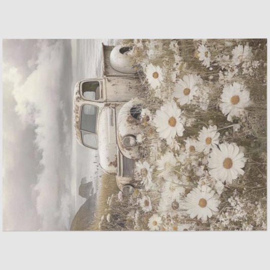 Decoupage Nostalgic White Truck Field Daisies Tissuepapier (Voorkant)