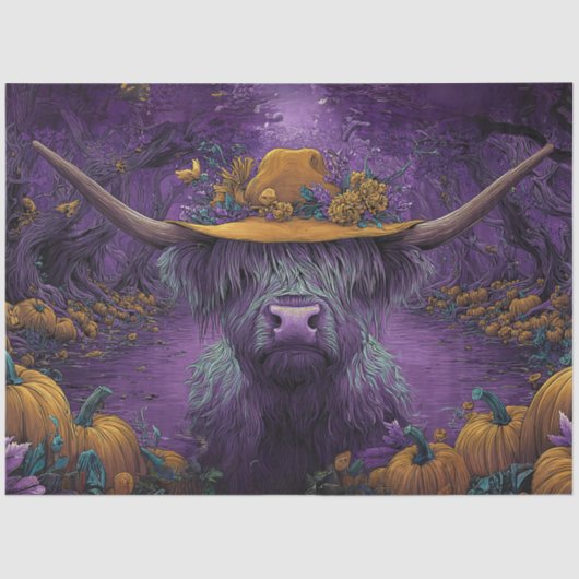 Decoupage Paarse Halloween Highland Koe Pompoen Tissuepapier (Voorkant)