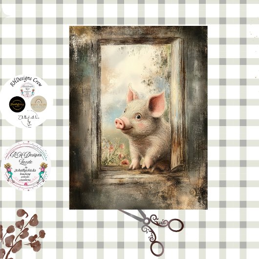 Decoupage Piglet in Rustic Window Story Book Tissuepapier