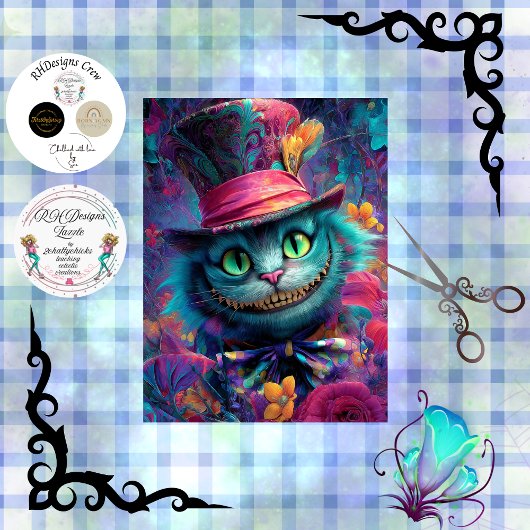 Decoupage Psychedelic Cheshire Cat Fantasy Art Tissuepapier
