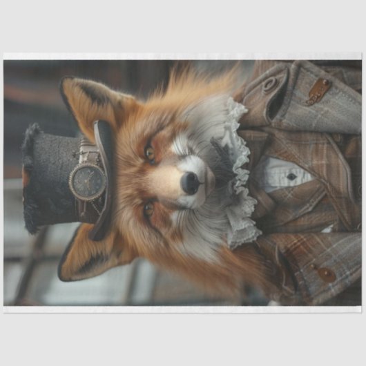 Decoupage Red Fox Steampunk Plaid Suit Tissuepapier (Voorkant)
