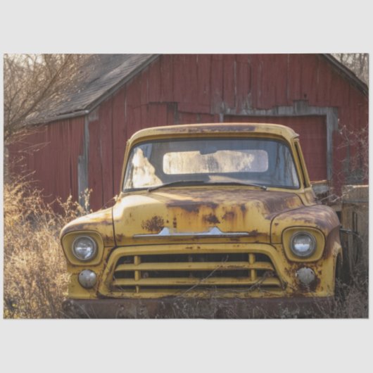 Decoupage  Rusty Yellow Truck Red Barn Tissuepapier (Voorkant)