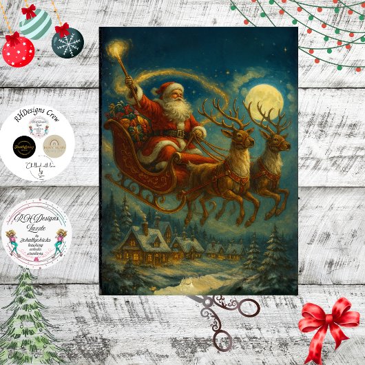Decoupage Santa & Reindeer Sleighing in Night Sky Tissuepapier