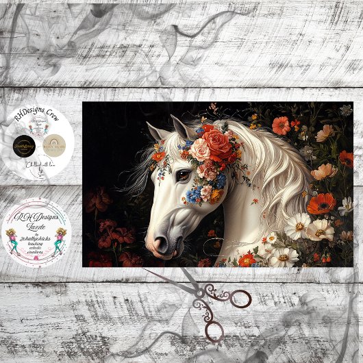 Decoupage Serene White Horse Tapestry Blooms  Tissuepapier