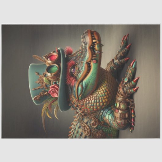 Decoupage Steampunk Alligator Top Hat met Veer Tissuepapier (Voorkant)