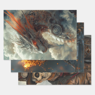 Decoupage Steampunk Draak, Schedel, & Koppel Inpakpapier Vel