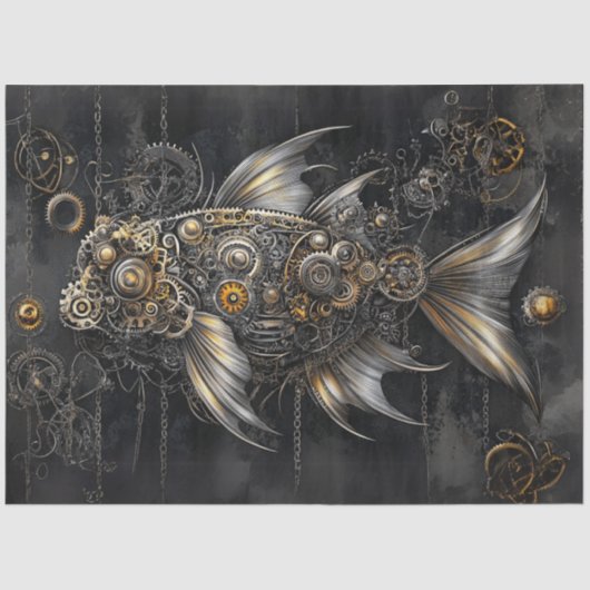 Decoupage Steampunk Fish Silver Gold Metallic Tissuepapier (Voorkant)