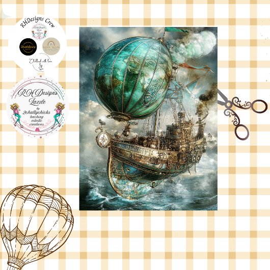 Decoupage Steampunk Hete Luchtballon & Wereldbol Tissuepapier