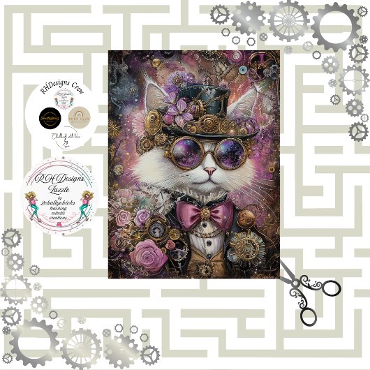 Decoupage Steampunk Levendige Gekleurde Kat Tissuepapier