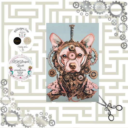 Decoupage Steampunk Roze Hond genaamd Pawsworth Tissuepapier
