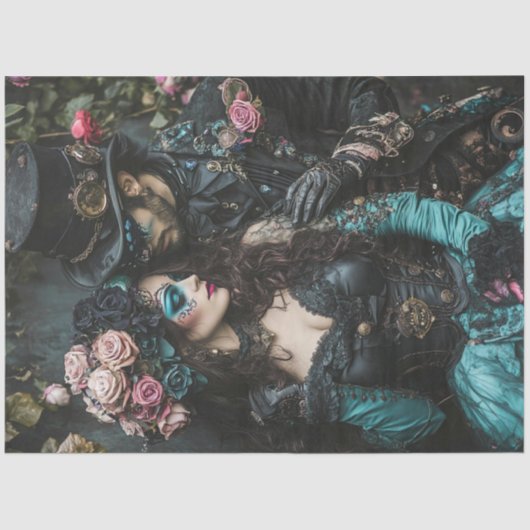 Decoupage Steampunk Valentijn Paar Blauwgroen Zwar Tissuepapier (Voorkant)