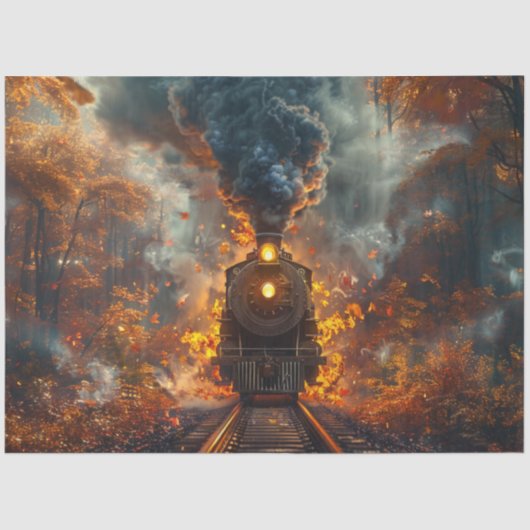 Decoupage Stoomlocomotief Herfst Bos & Vuur Tissuepapier (Voorkant)