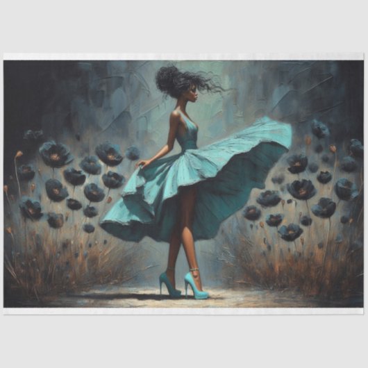 Decoupage Tissue Paper Aqua Blue Poppies Vrouw Tissuepapier (Voorkant)