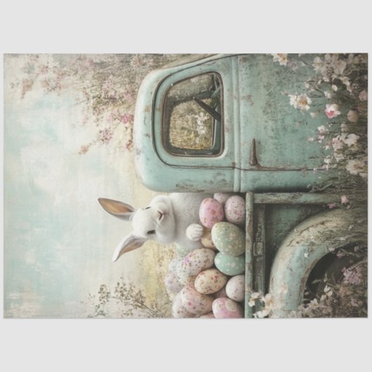 Decoupage  Truck White Rabbit Easter Eggs Tissuepapier (Voorkant)