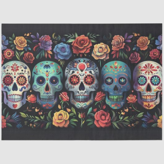 Decoupage Vibrant Day of Dead Skulls Folk Art Tissuepapier (Voorkant)