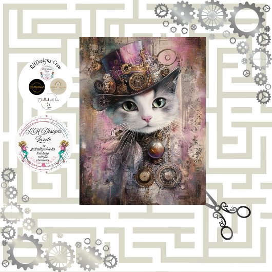 Decoupage Victoriaans Steampunk Roze Kat Tissuepapier