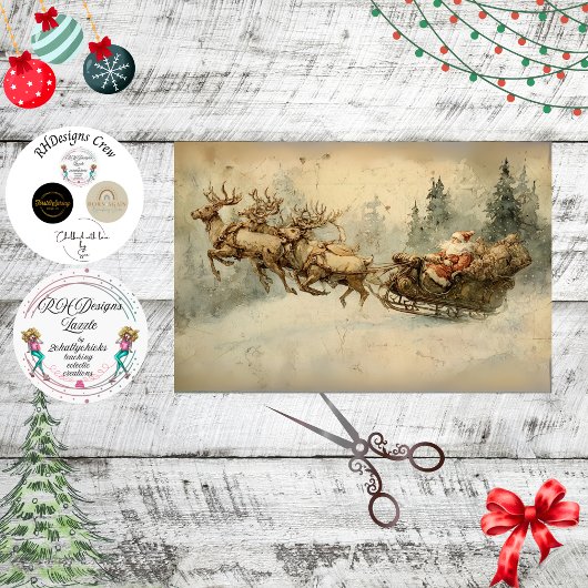 Decoupage Vintage Santa Sleigh Postcard  Tissuepapier