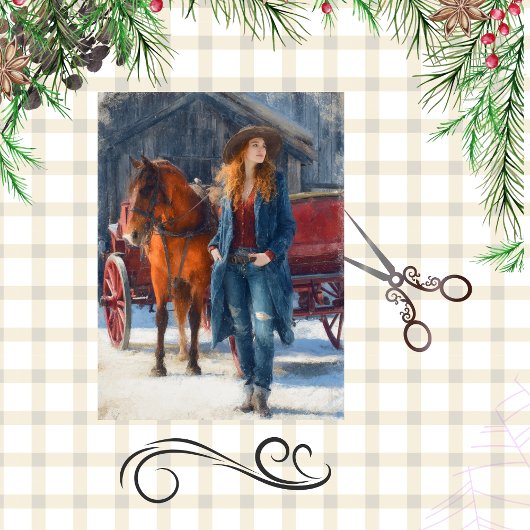 Decoupage Western Kerstmeisje Rode Schuur Tissuepapier