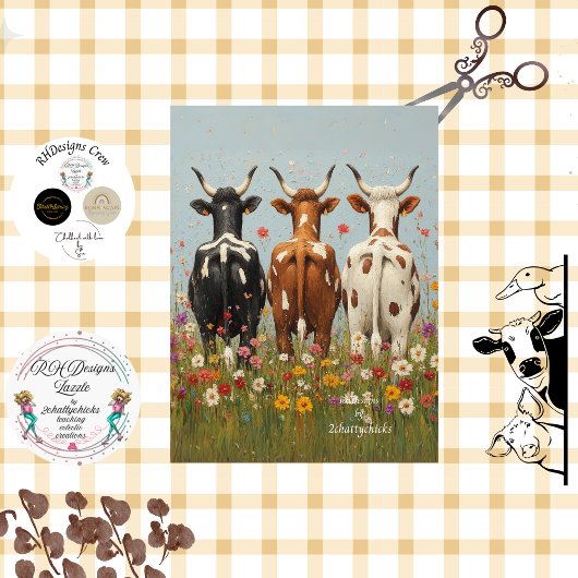 Decoupage Whimsical 3 Koe Vrienden Veld Wildflower Tissuepapier