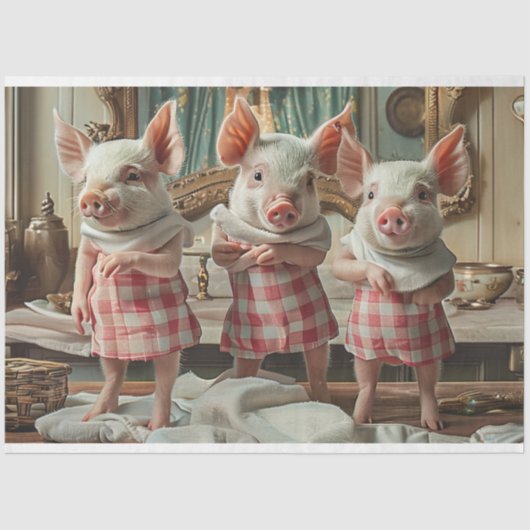 Decoupage Whimsical 3 Varkens Geruite Jurken Tissuepapier (Voorkant)