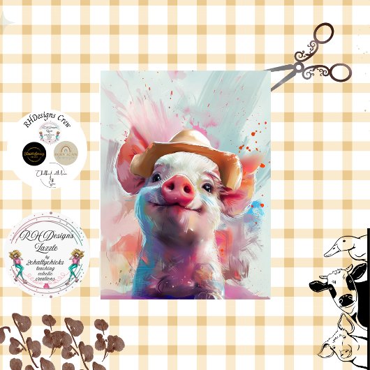 Decoupage Whimsical Boerderij Pig met Pet op Boerd Tissuepapier