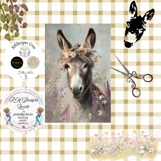 Decoupage Whimsical Floral Donkey Farm Scene Tissuepapier