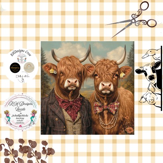 Decoupage Whimsical Highland Koe Paar Tissuepapier