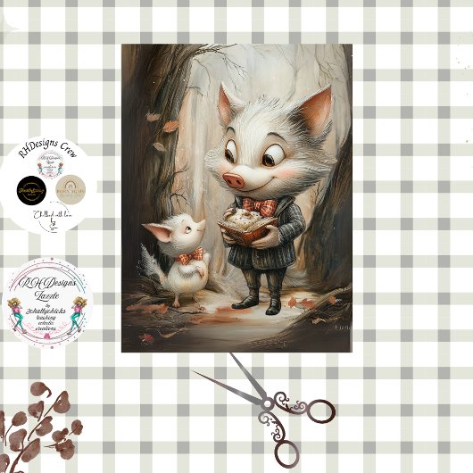 Decoupage Whimsical Pig Duo in Forest Tissuepapier