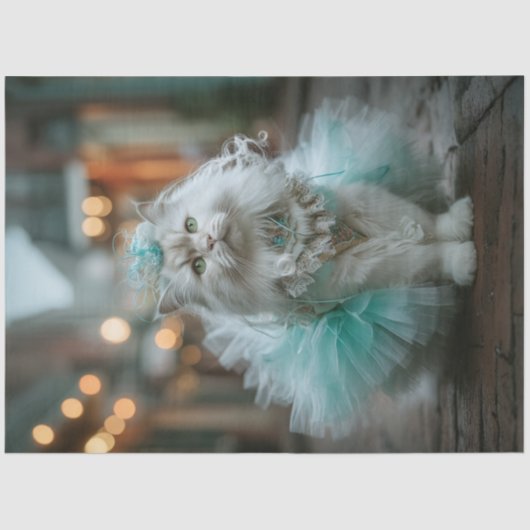 Decoupage White Feline Cat Teal Tutu Walking  Tissuepapier (Voorkant)