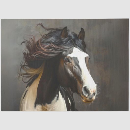 Decoupage Zwart Wit Paard Gypsy Vanner Long Mane Tissuepapier (Voorkant)