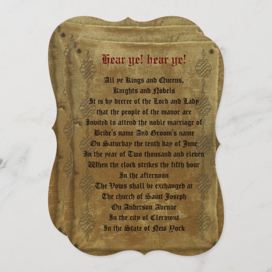 Décret faire-part de mariage médiéval modèle (Devant / Derrière)