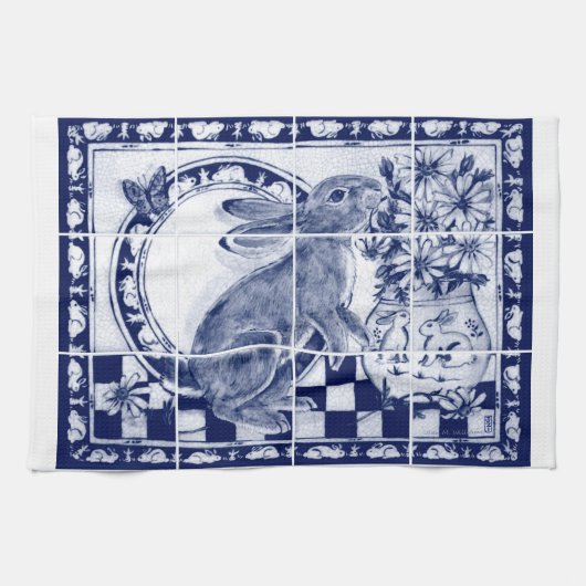 Dedham Blauw Wit Schattige Konijnenkonijn Rustiek Theedoek (Horizontaal)