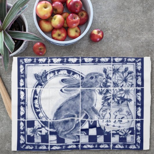 Dedham Blauw Wit Schattige Konijnenkonijn Rustiek Theedoek