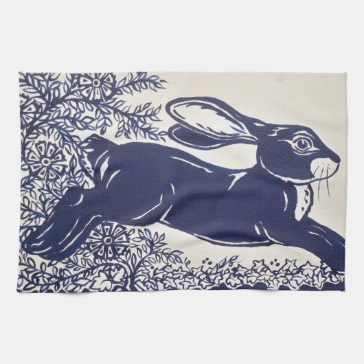 Dedham Blue Rabbit,  blauw en wit design Theedoek (Horizontaal)
