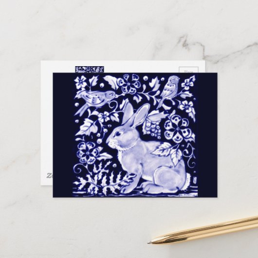 Dedham Blue Rabbit, Classic Blue & White Design Briefkaart (Voorkant / Achterkant in situ)