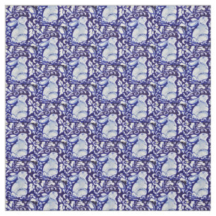Dedham Blue & White Rabbit, Bird Designer Fabric Stof