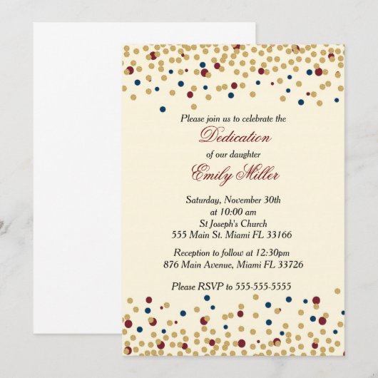 Dédication invitation confetti bleu doré rouge (Devant / Derrière)