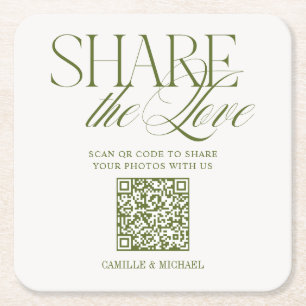 Deel de Liefde QR-code Olijfgroene Trouw Vierkante Kartonnen Onderzetter