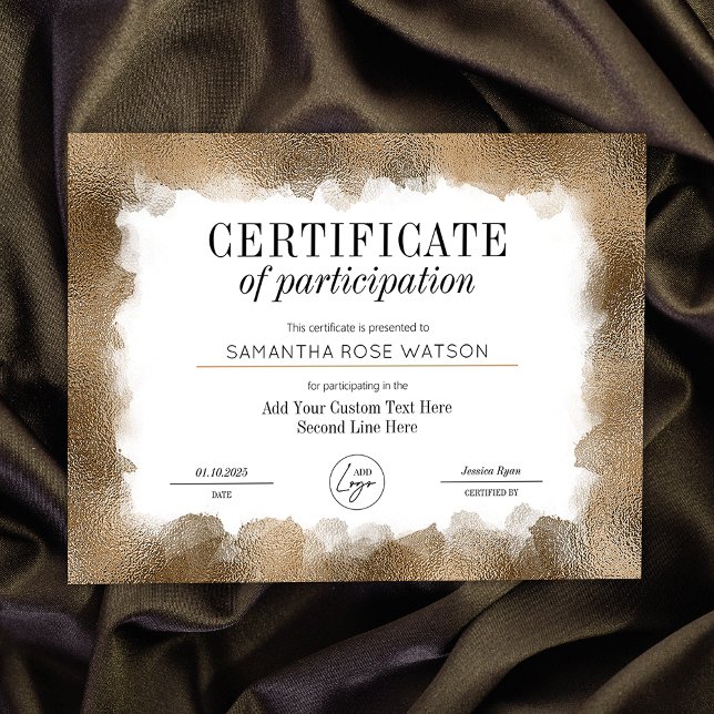Deelnamecertificaat Gold Glitter Logo Award (Elegant gold glitter effect Certificate of Participation professional diploma with custom logo)