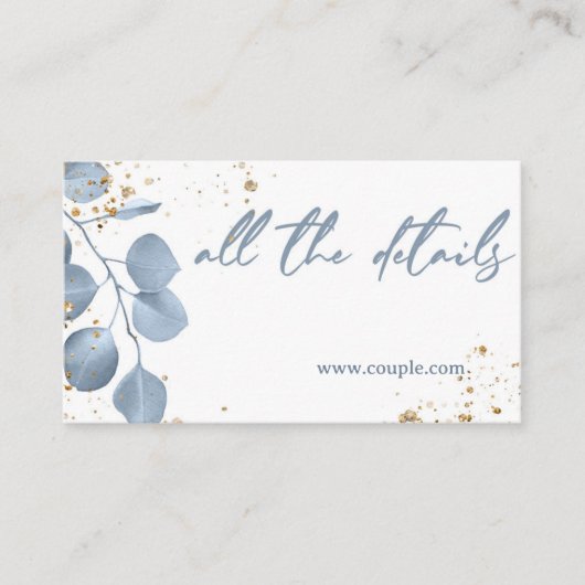 Deeltjeskaart voor mosterdblauw goud informatiekaartje (Voorkant)