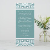 Deep Aqua Blue Damask Swirls Wedding Invitation Kaart (Staand voorkant)
