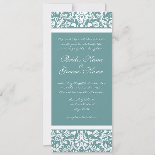 Deep Aqua Blue Damask Swirls Wedding Invitation Kaart (Voorkant)